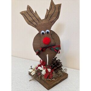 Folk Art Handpainted Rudolph Reindeer Christmas Wood Decoration Vintage Signed